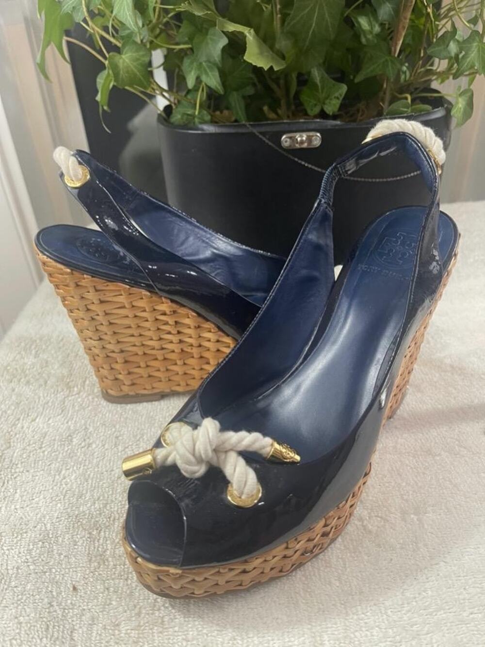 Tory Burch wicker NAUTICAL wedge sling back size 9 (900